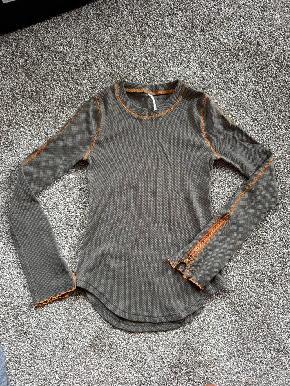 Free People Zip It Cuff Thermal Top Olive Green Orange Contrast Stitching Medium